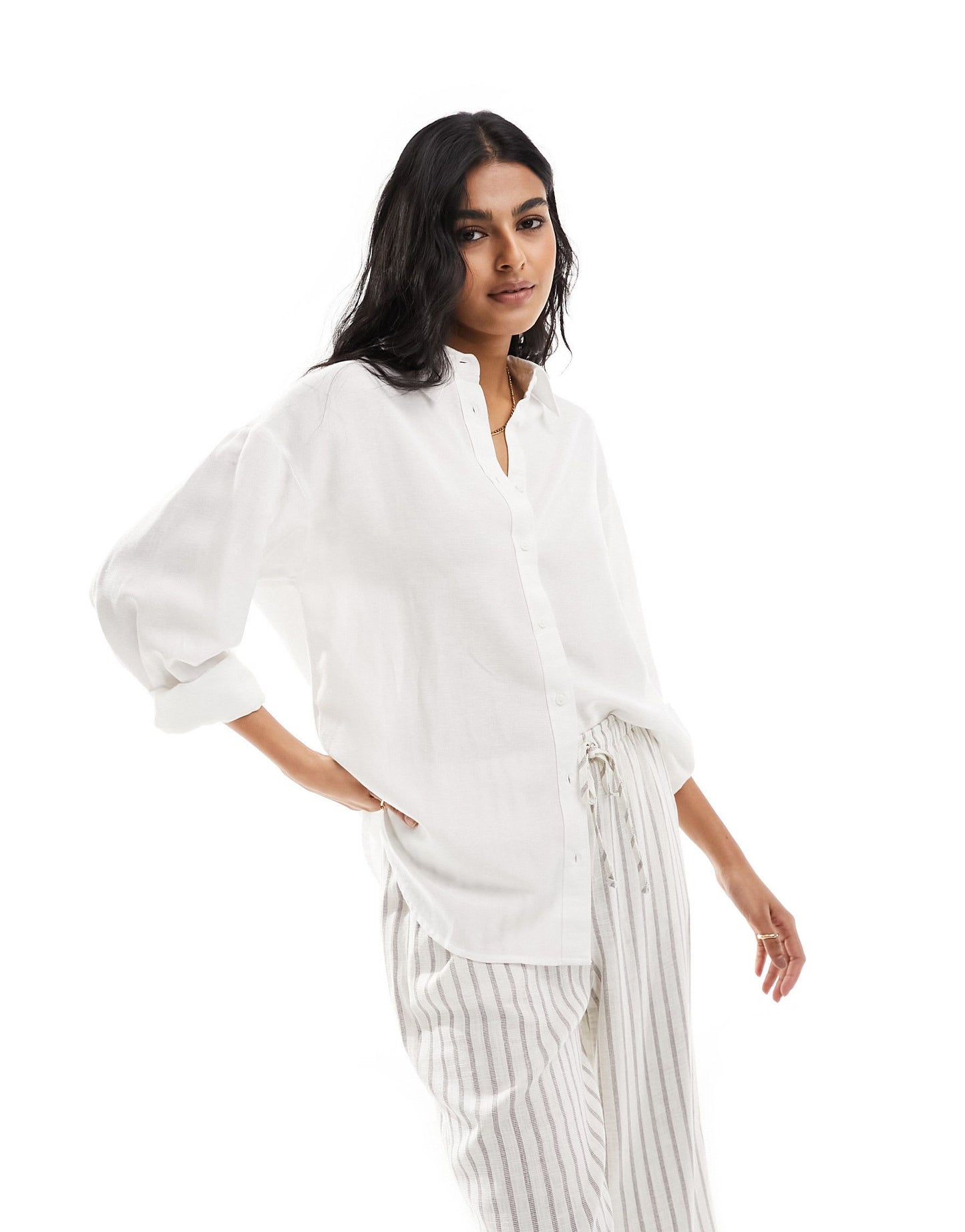Stradivarius relaxed fit linen shirt in white