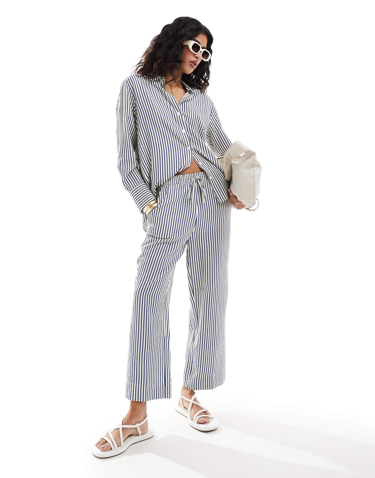 Stradivarius seersucker pull on trouser co-ord in blue stripe