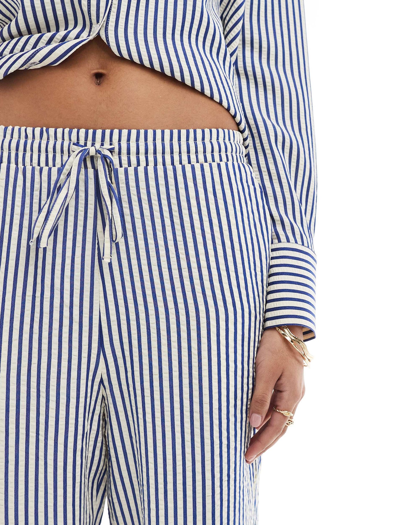 Stradivarius seersucker pull on trouser co-ord in blue stripe