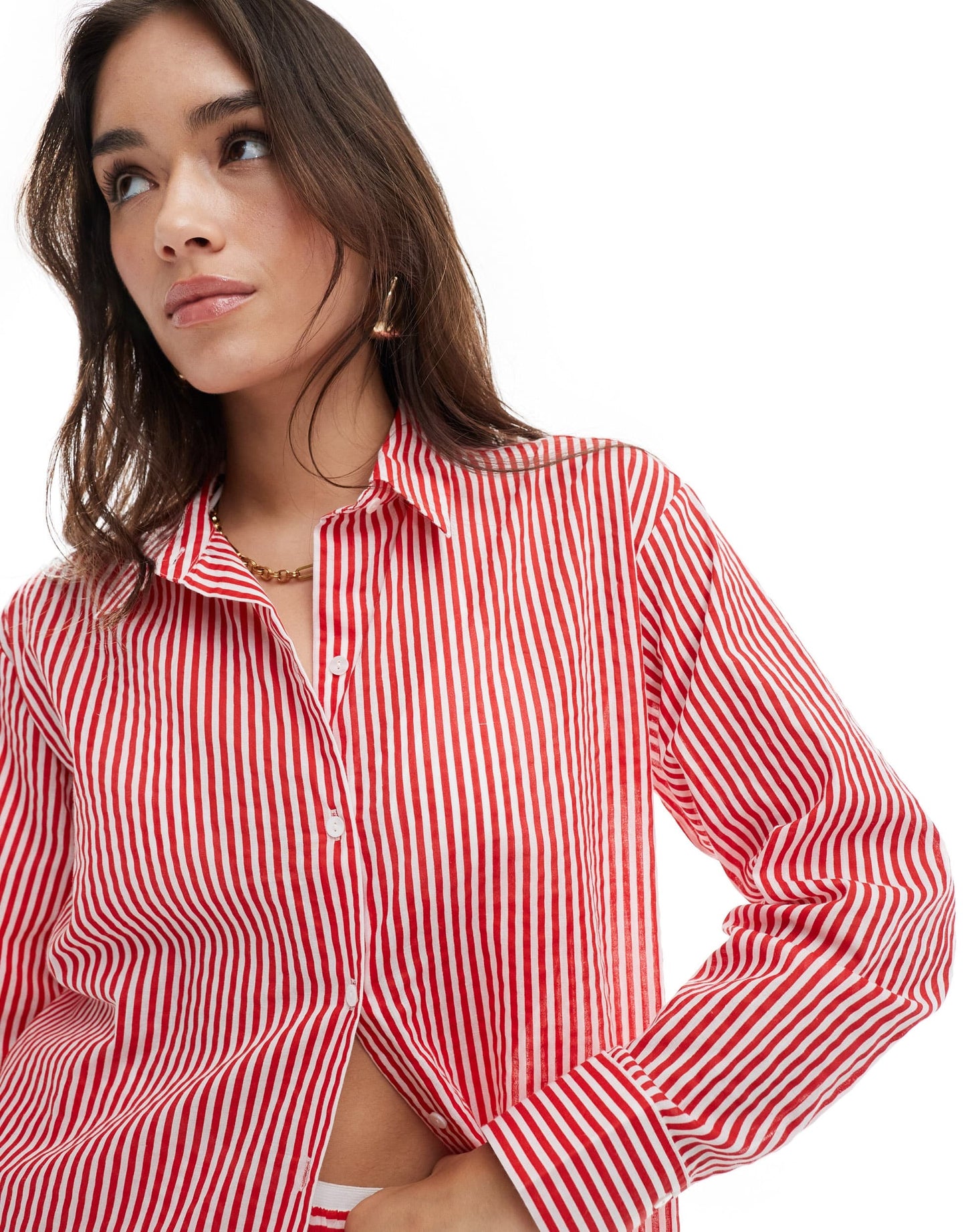 Stradivarius longline beach shirt in red stripe co-ord