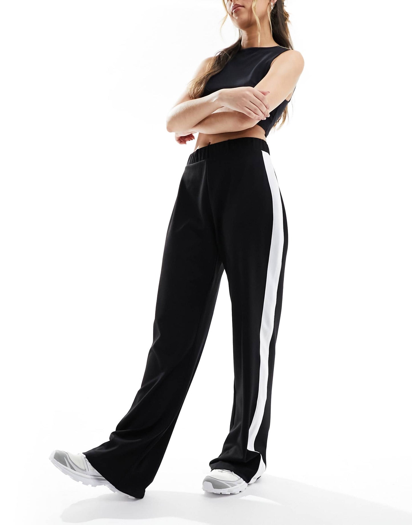 Stradivarius single stripe wide leg jogger in black