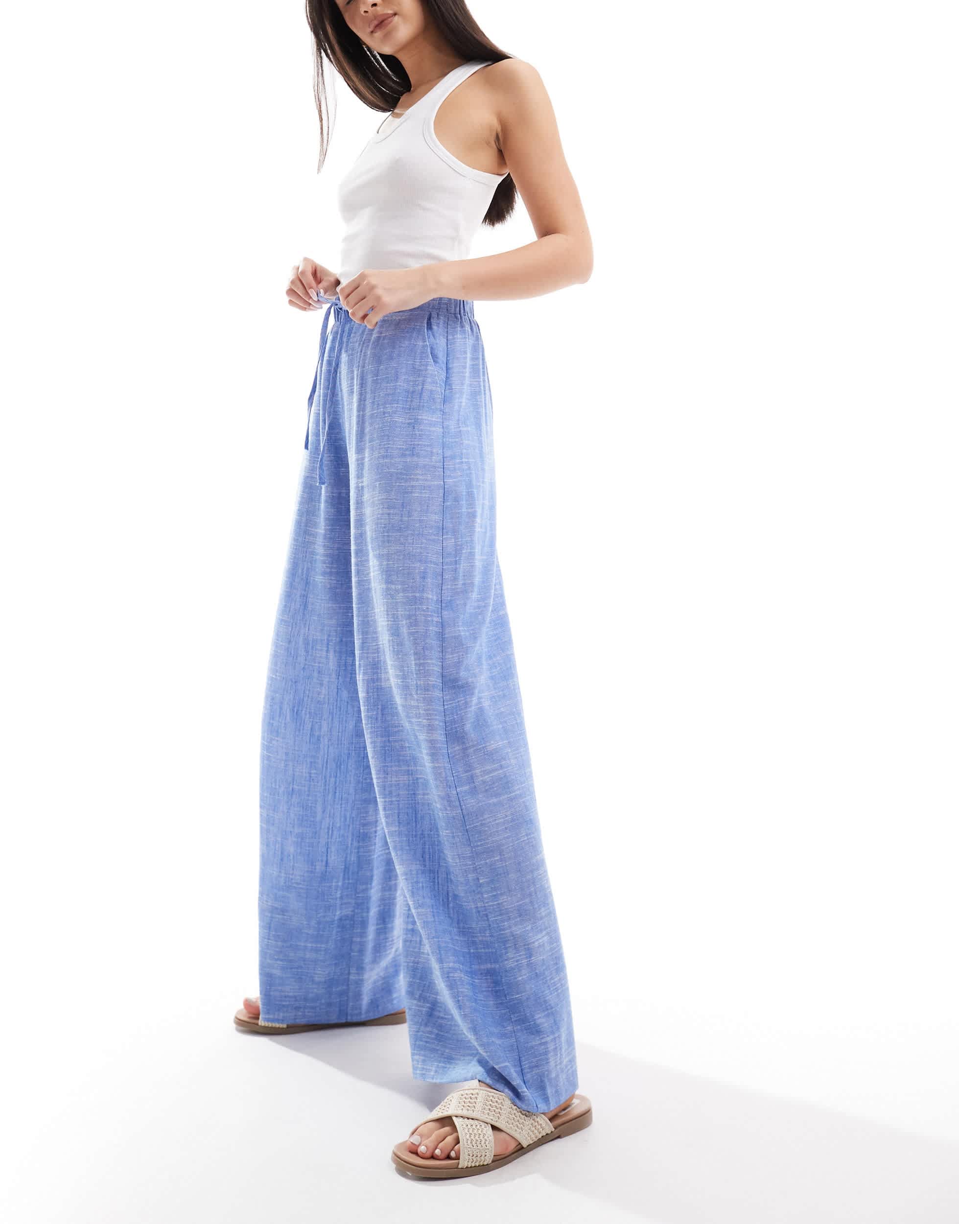 Stradivarius linen look super wide leg trouser in chambray blue