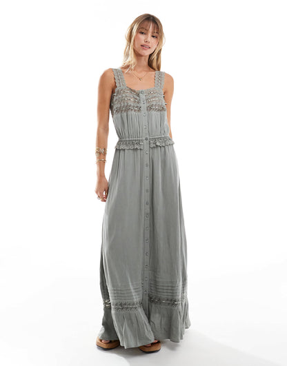 Miss Selfridge crinkle lace insert strappy maxi dress in washed grey