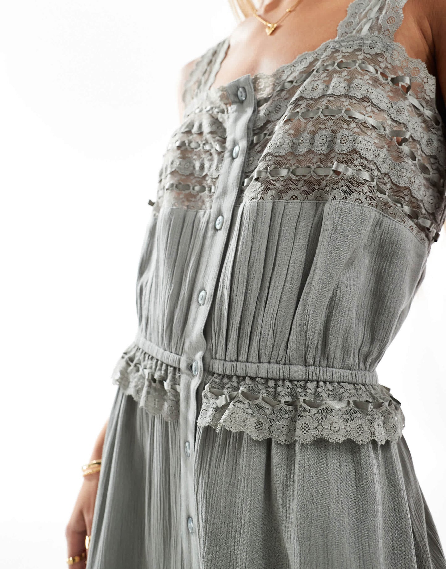 Miss Selfridge crinkle lace insert strappy maxi dress in washed grey