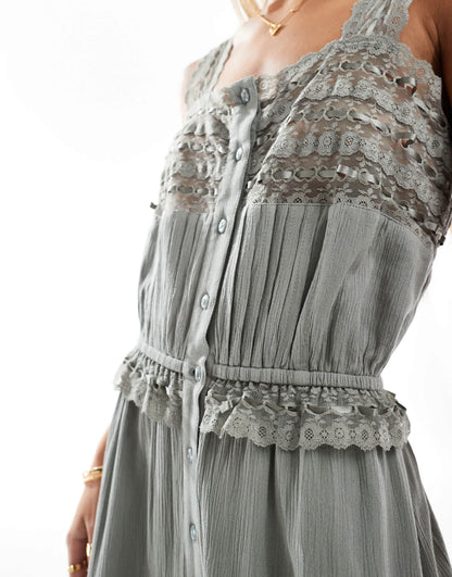 Miss Selfridge crinkle lace insert strappy maxi dress in washed grey