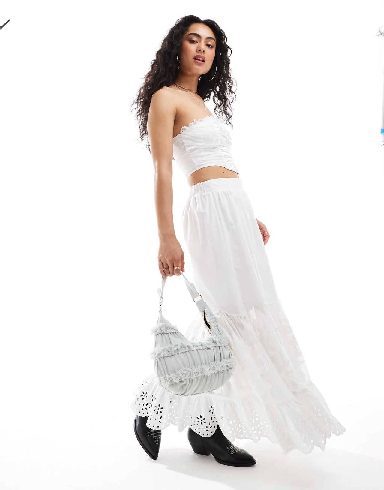 Miss Selfridge satin lace ruched bandeau top in cream