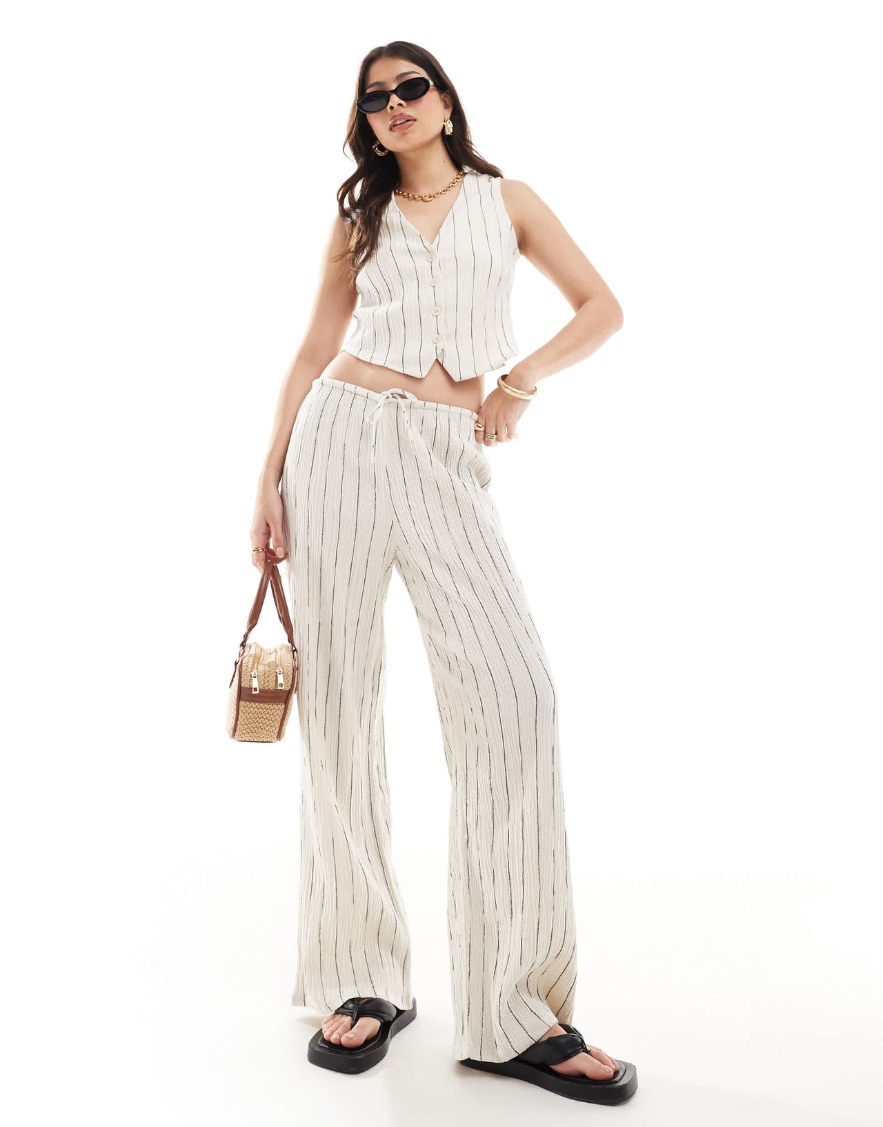 Stradivarius crinkle pull on trouser co-ord in stripe