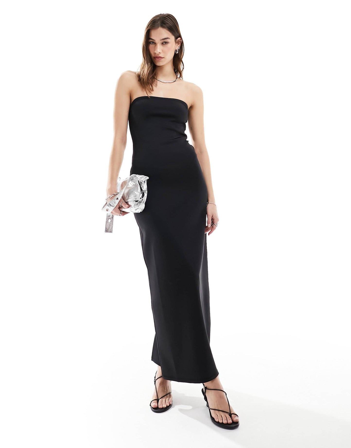Weekday Tania bandeau tube maxi dress in black in scuba style fabric