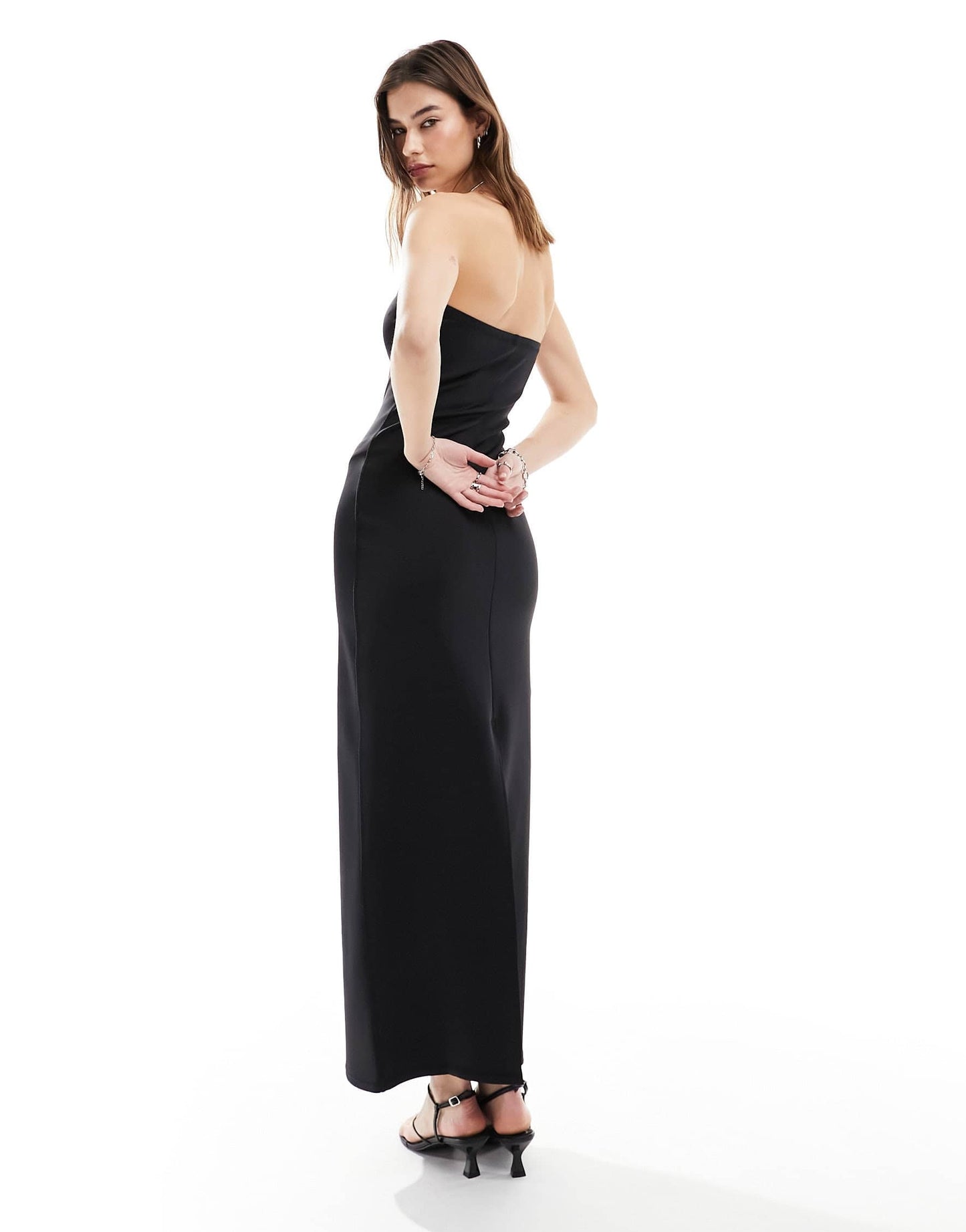 Weekday Tania bandeau tube maxi dress in black in scuba style fabric