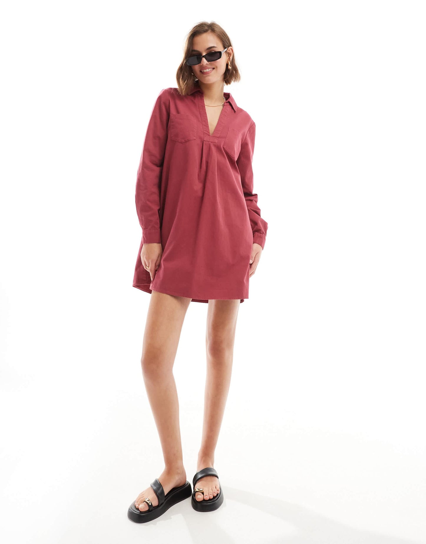 ASOS DESIGN cotton twill pocket shift mini with raw hem in raspberry red