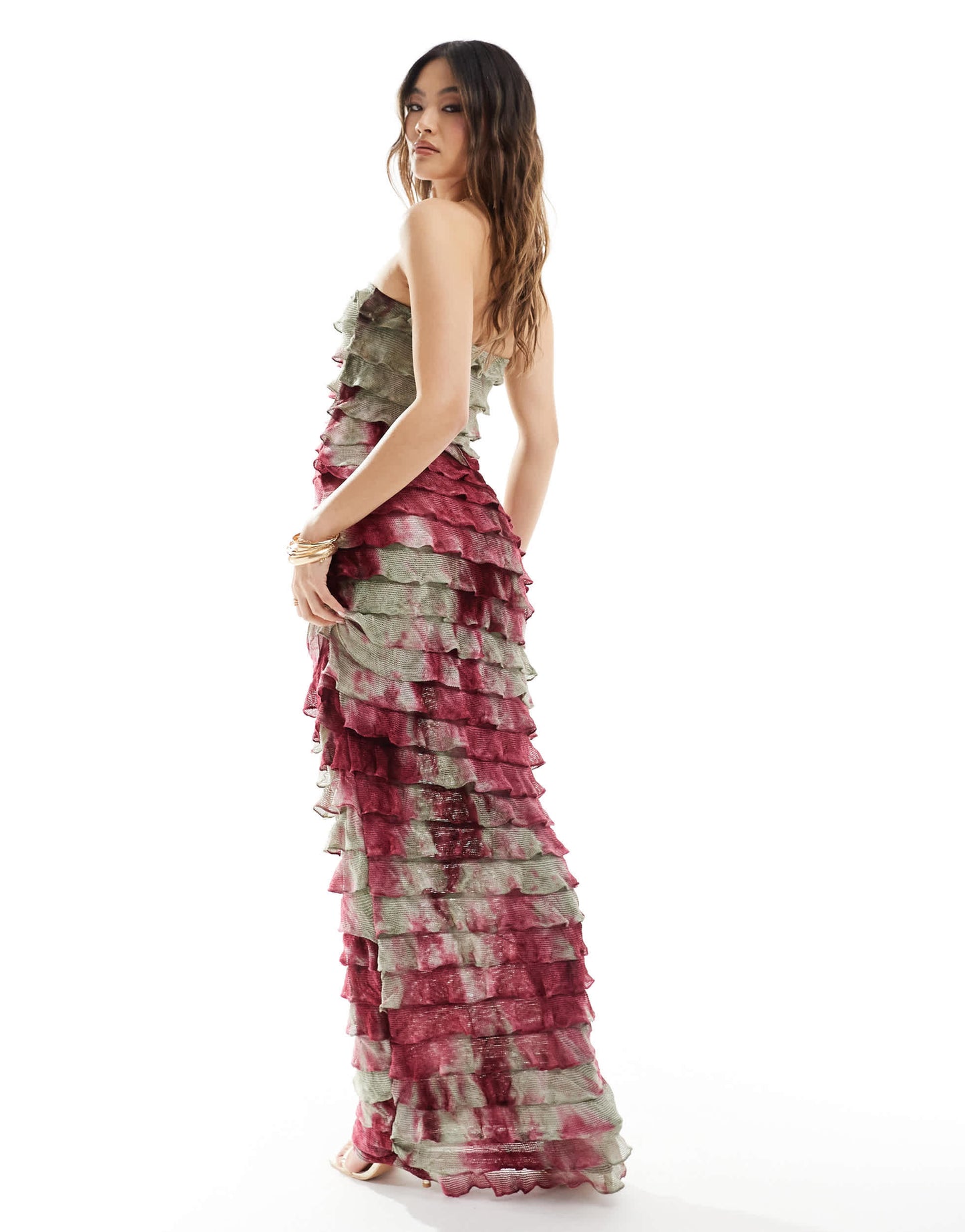 Missyempire ruffle bandeau maxi dress in pink and green print