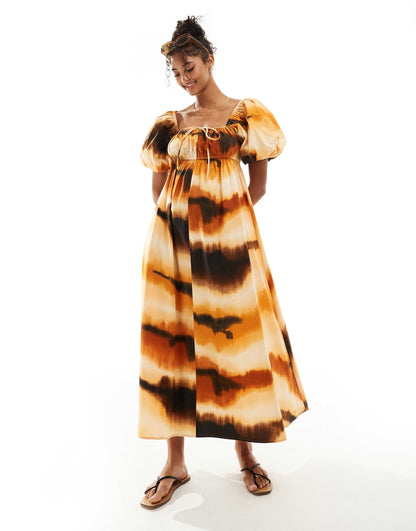 ASOS DESIGN puffed sleeve smock midi dress in abstract
