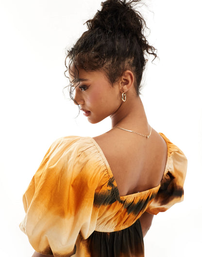 ASOS DESIGN puffed sleeve smock midi dress in abstract