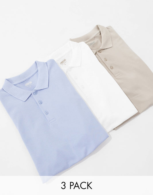 ASOS DESIGN 3 pack pique polos in multiple colours
