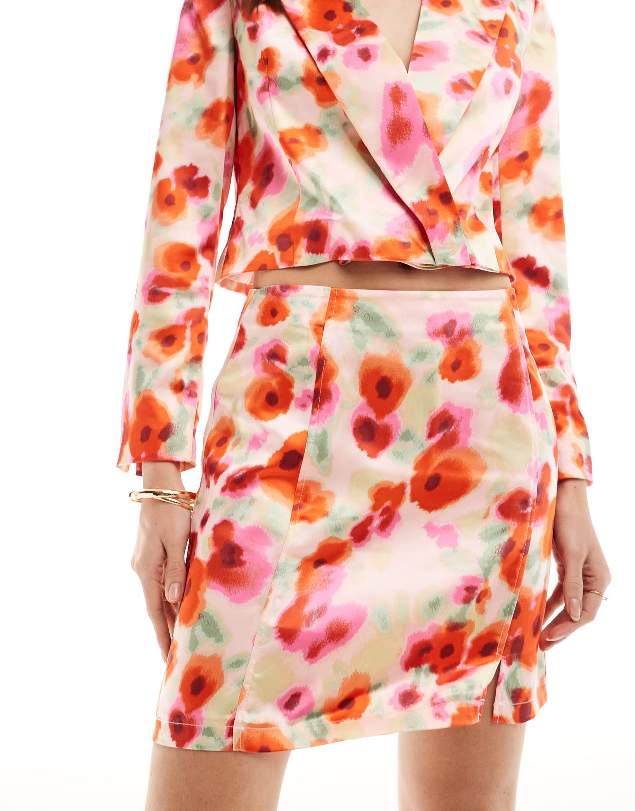 Vila satin mini skirt co-ord in poppy red floral