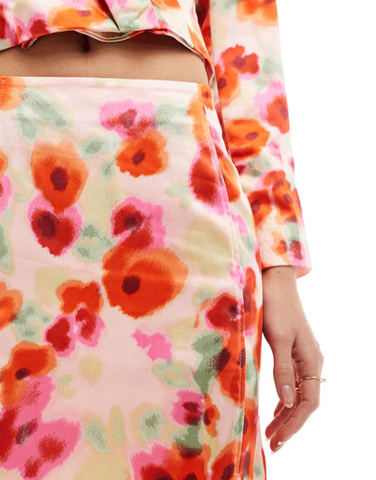 Vila satin mini skirt co-ord in poppy red floral