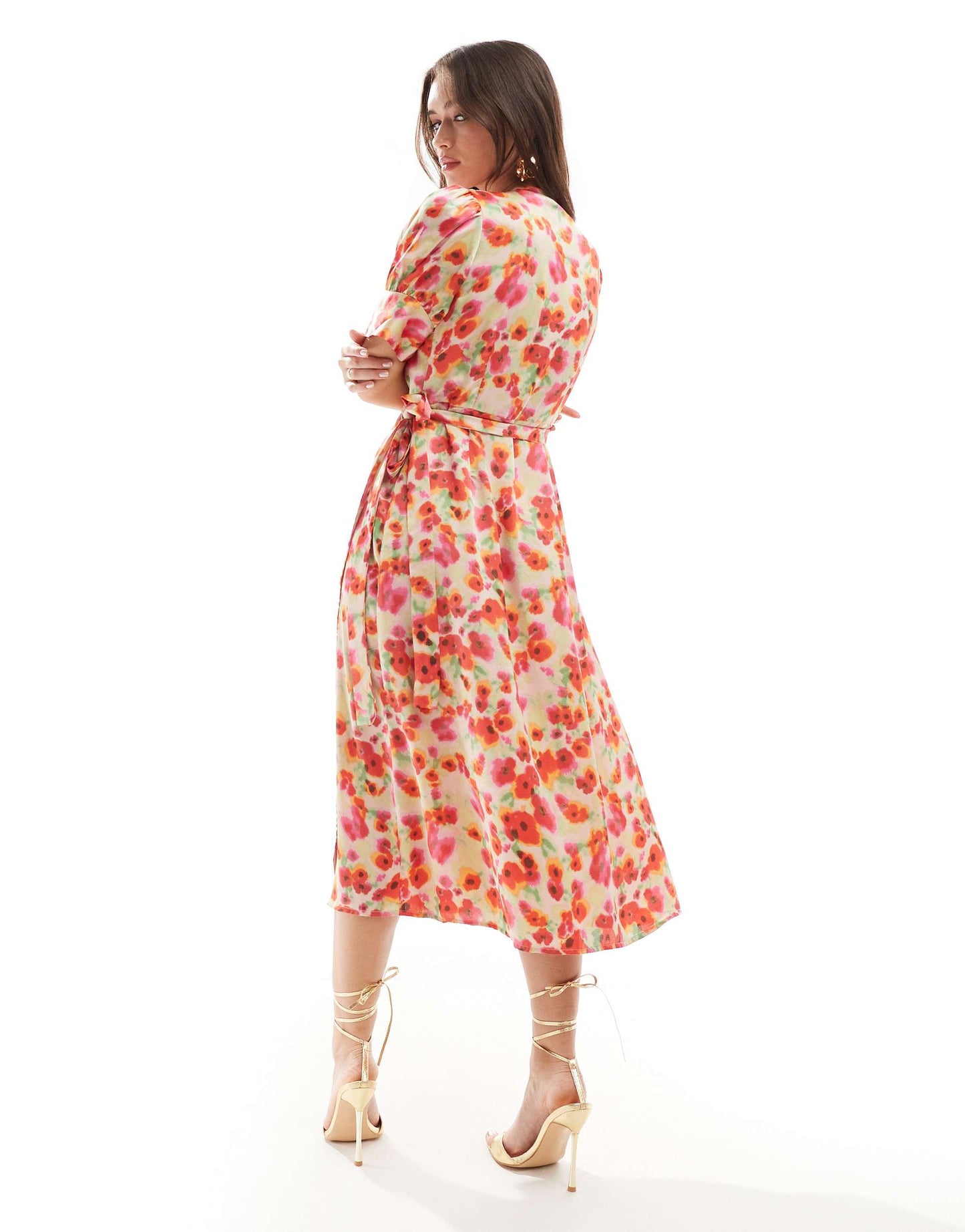 Vila satin wrap midi dress in red poppy print