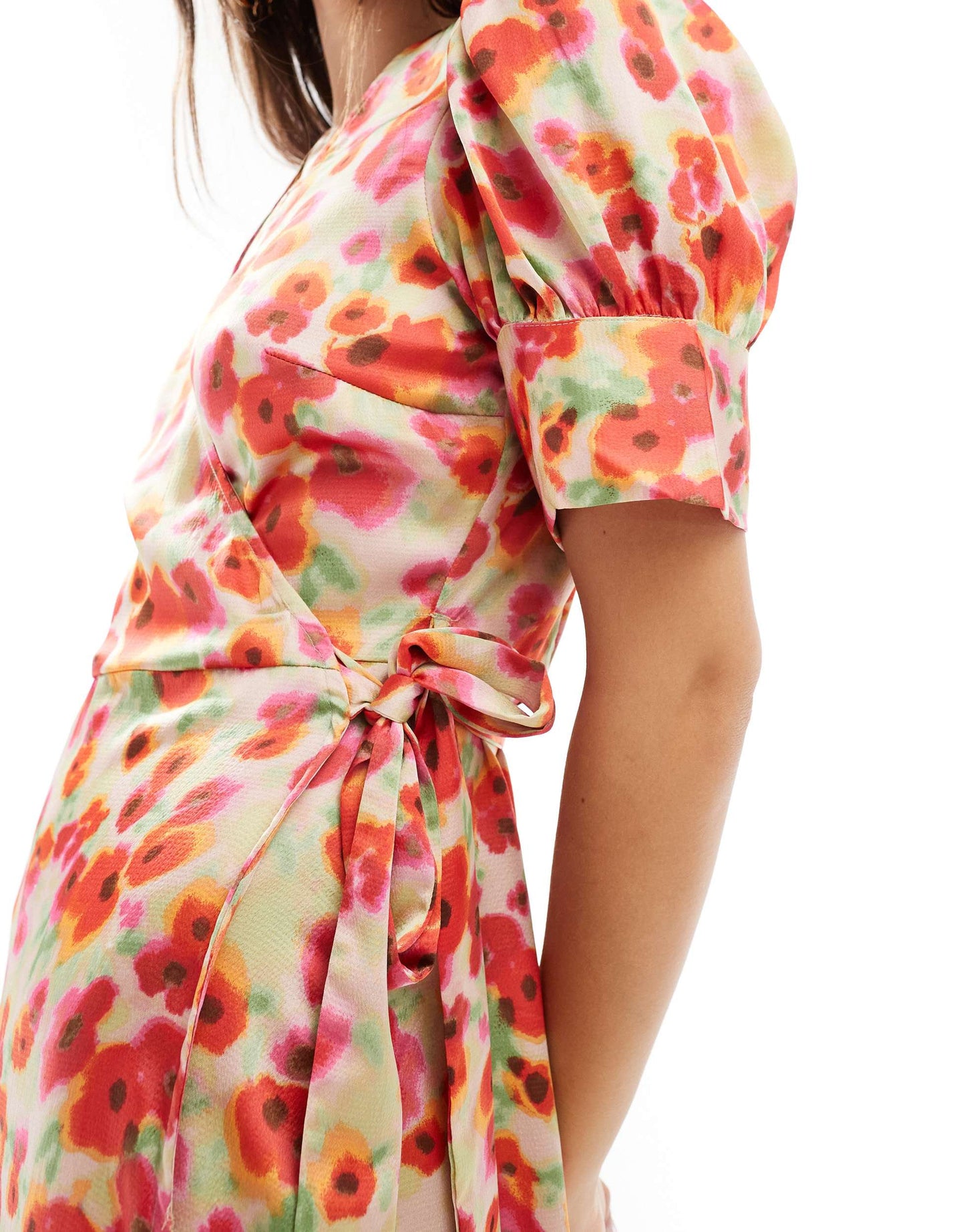 Vila satin wrap midi dress in red poppy print