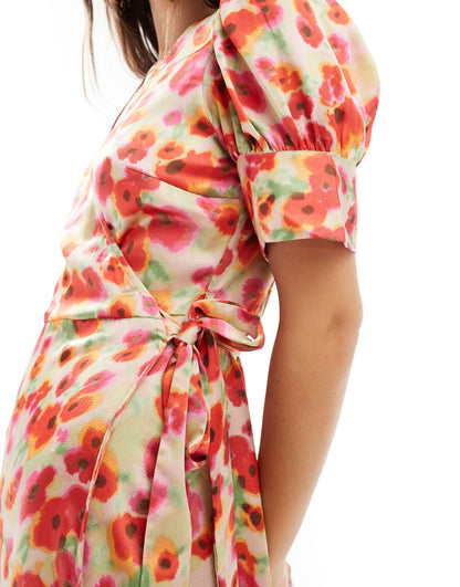 Vila satin wrap midi dress in red poppy print