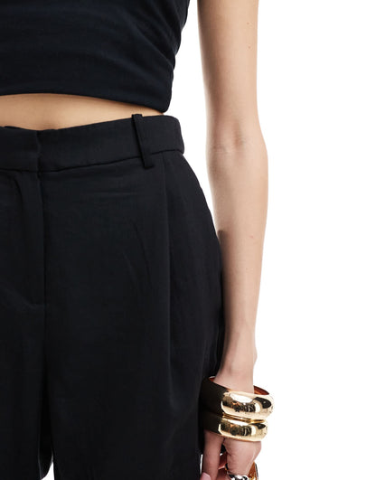 Vila linen look pleat front short co-ord in black