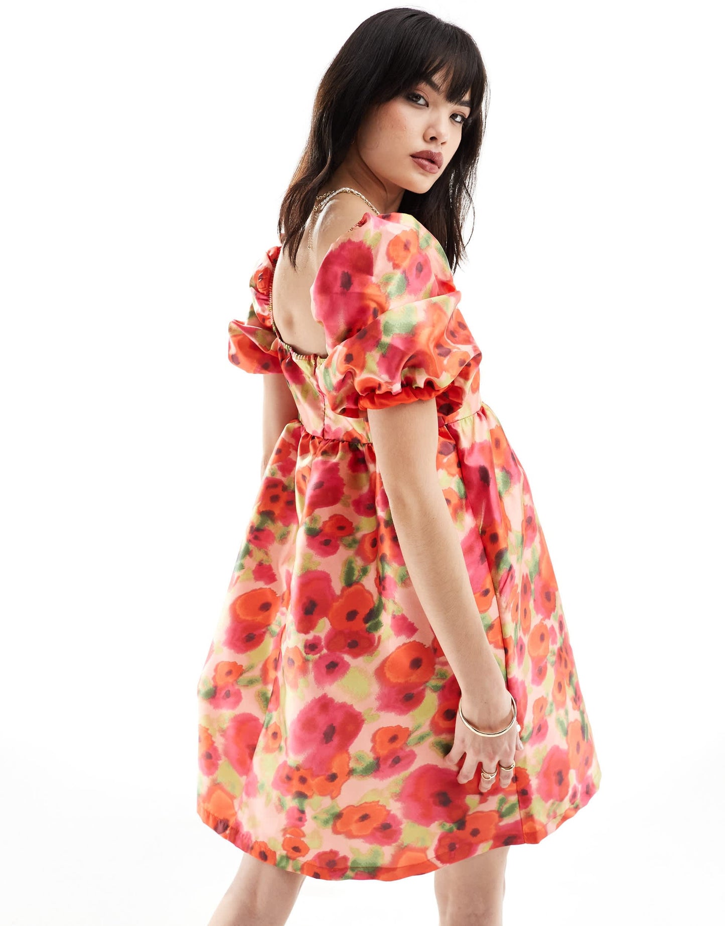 Vila puff sleeve smock mini dress in red poppy print