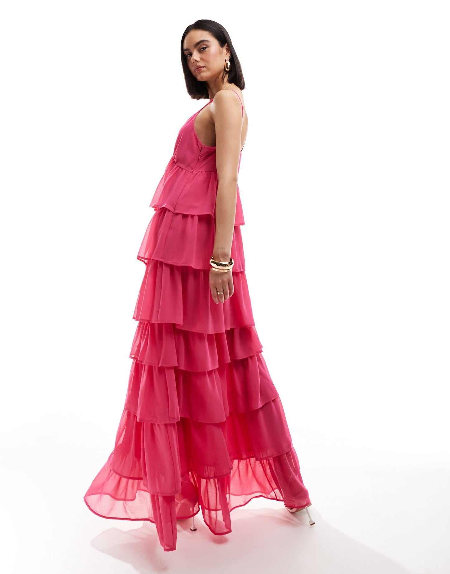 Vila tiered frill maxi cami dress in bright pink