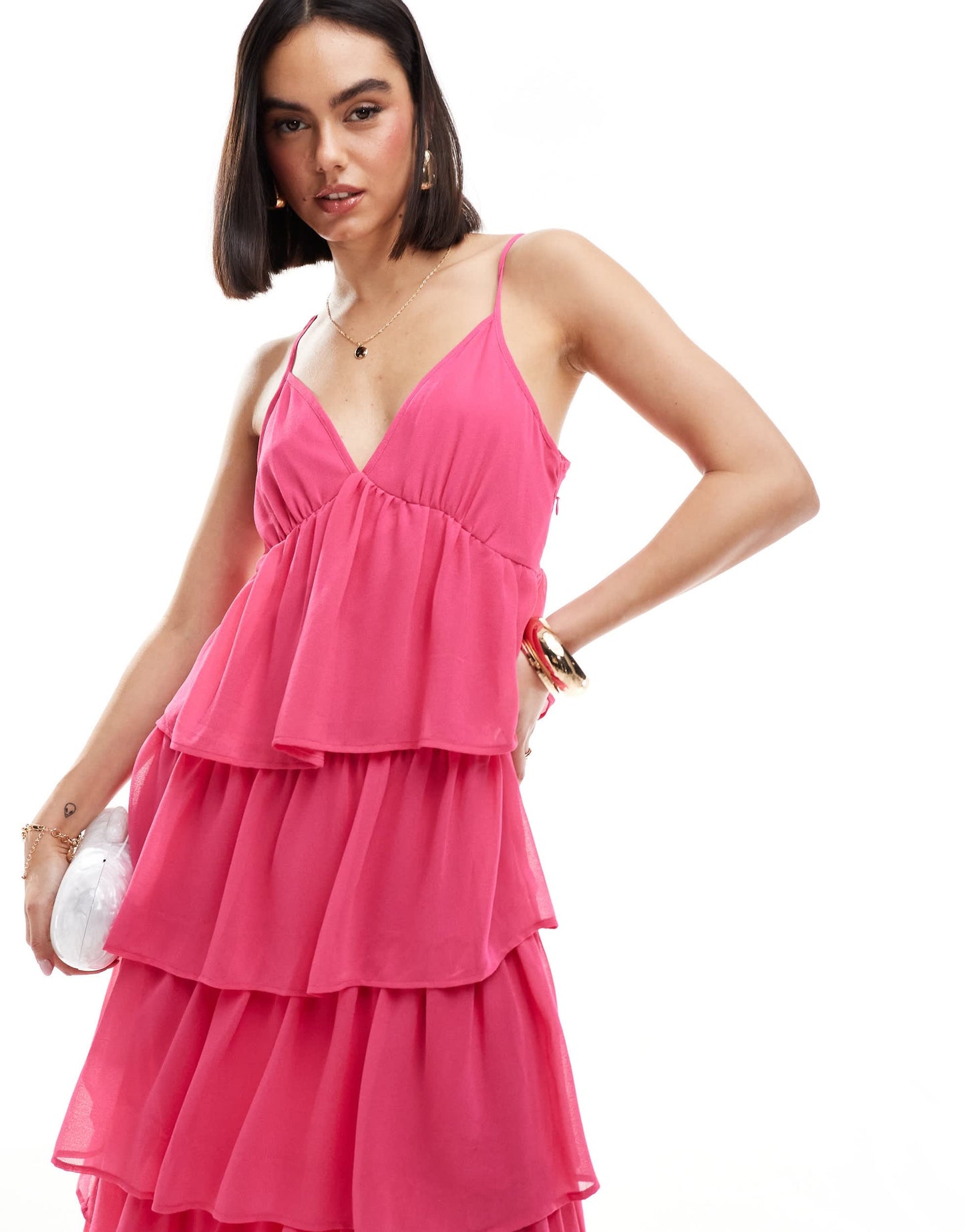 Vila tiered frill maxi cami dress in bright pink