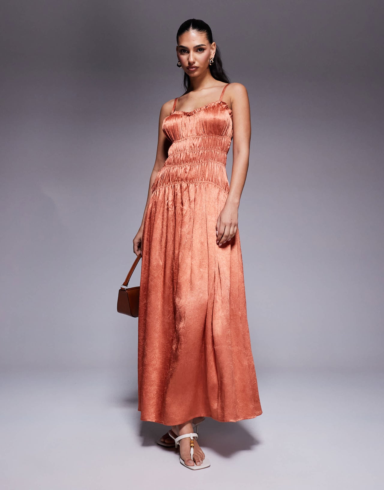 ASOS DESIGN crushed satin smocked bodice maxi dress in copper