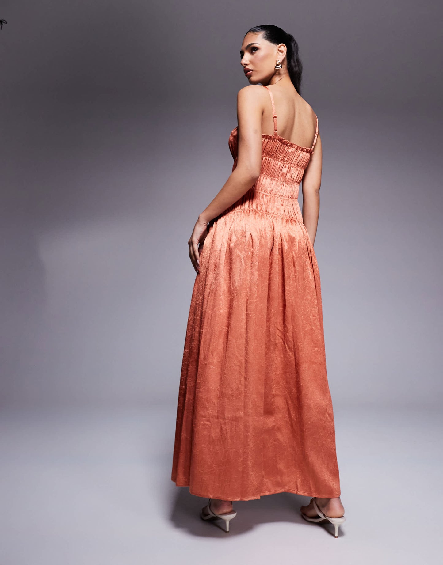 ASOS DESIGN crushed satin smocked bodice maxi dress in copper