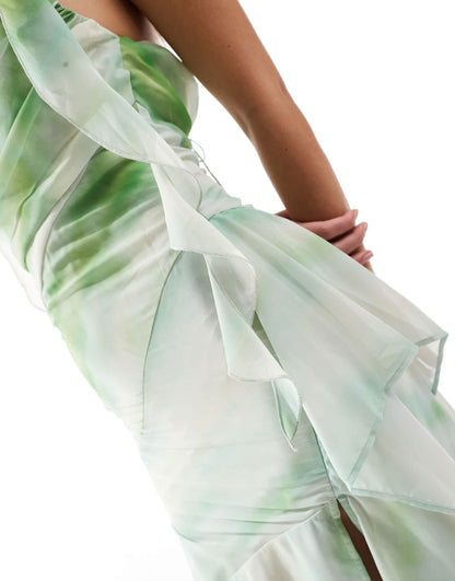ASOS DESIGN tendril drape asymmetric cami dress with seam details in green watercolour stripe