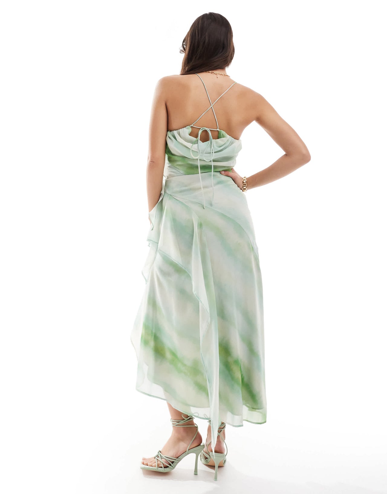 ASOS DESIGN tendril drape asymmetric cami dress with seam details in green watercolour stripe