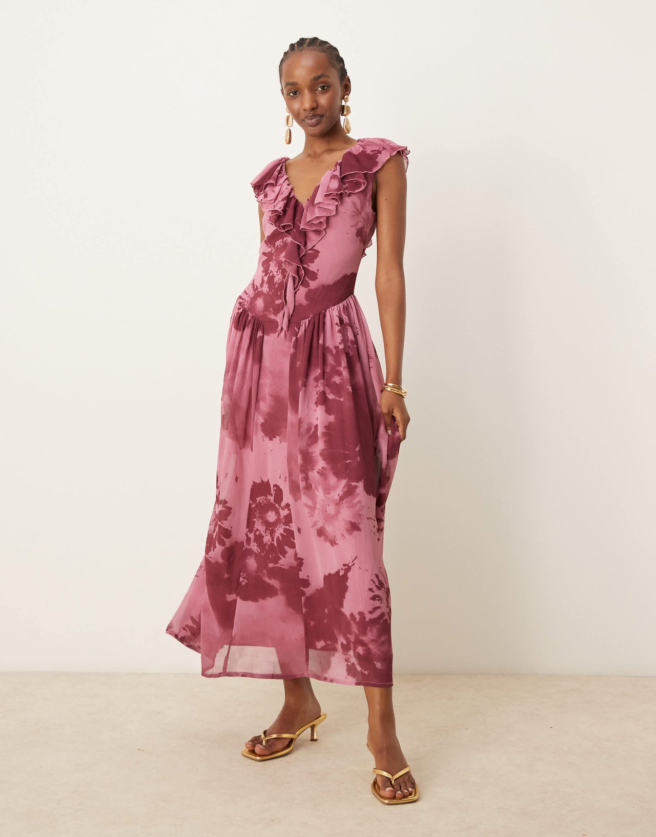 ASOS DESIGN raw edge ruffle tendril midi dress with angled skirt in print