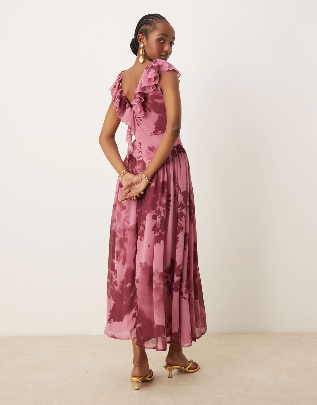 ASOS DESIGN raw edge ruffle tendril midi dress with angled skirt in print