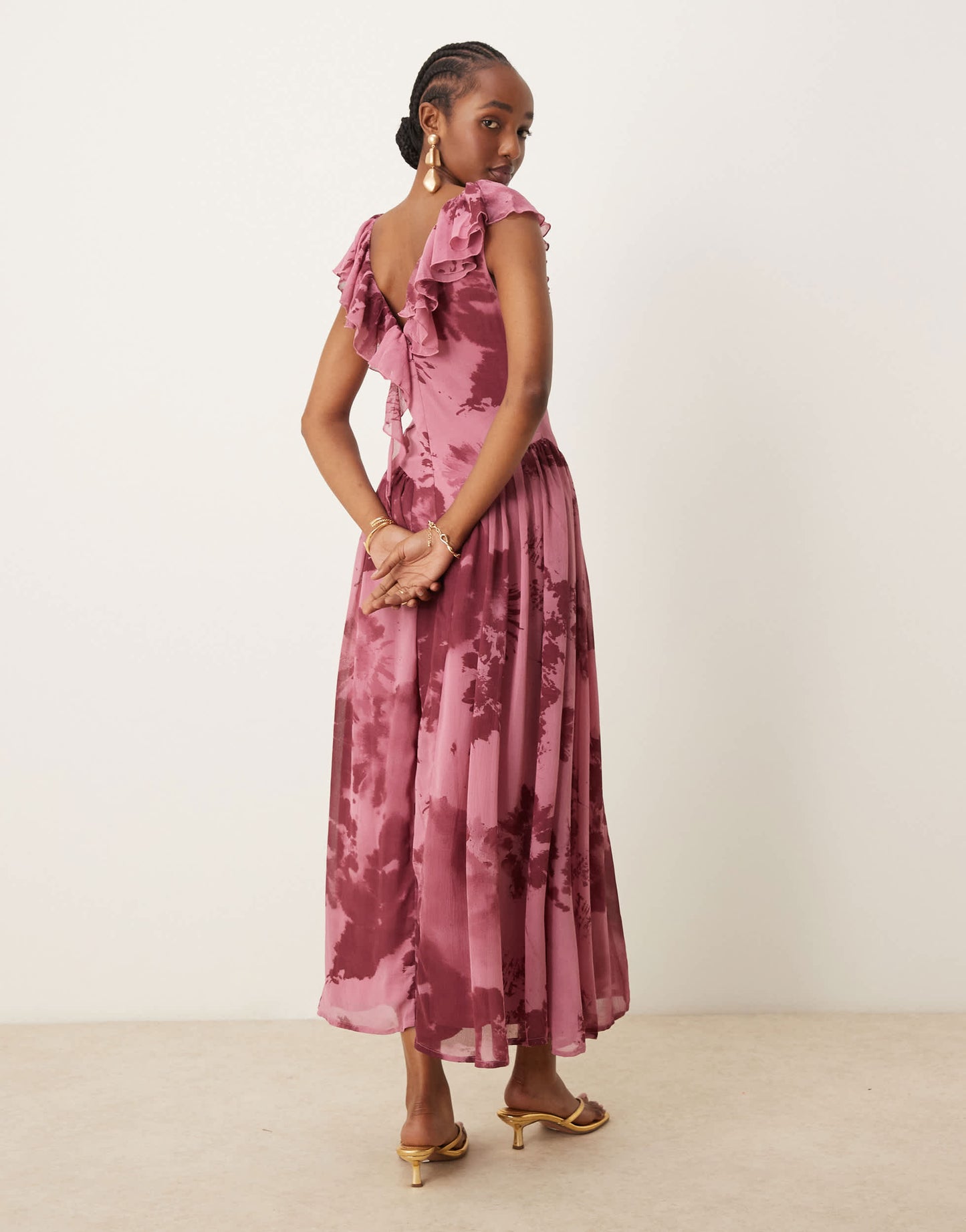 ASOS DESIGN raw edge ruffle tendril midi dress with angled skirt in print