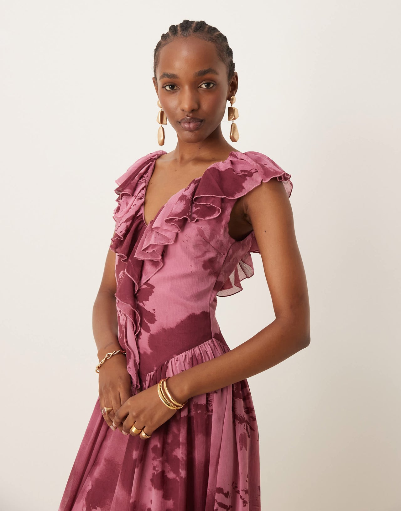 ASOS DESIGN raw edge ruffle tendril midi dress with angled skirt in print