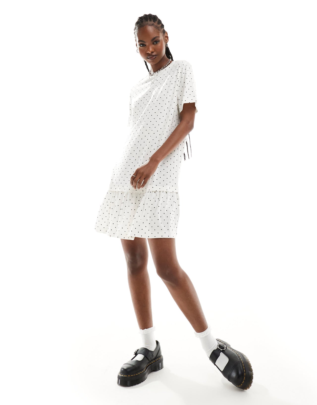 Monki jersey mini dress with drop waist in white and black polka dot print