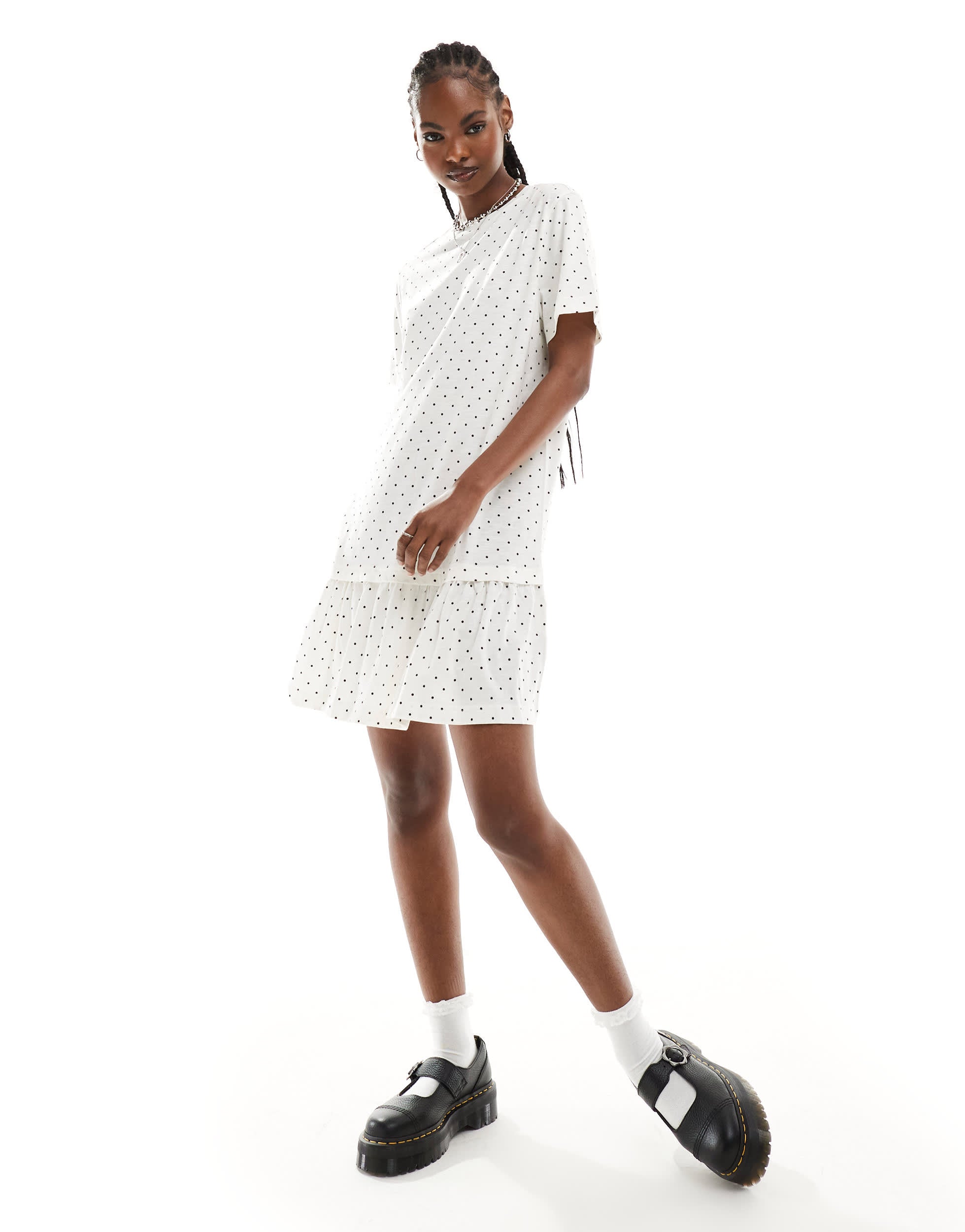 Monki jersey mini dress with drop waist in white and black polka dot print