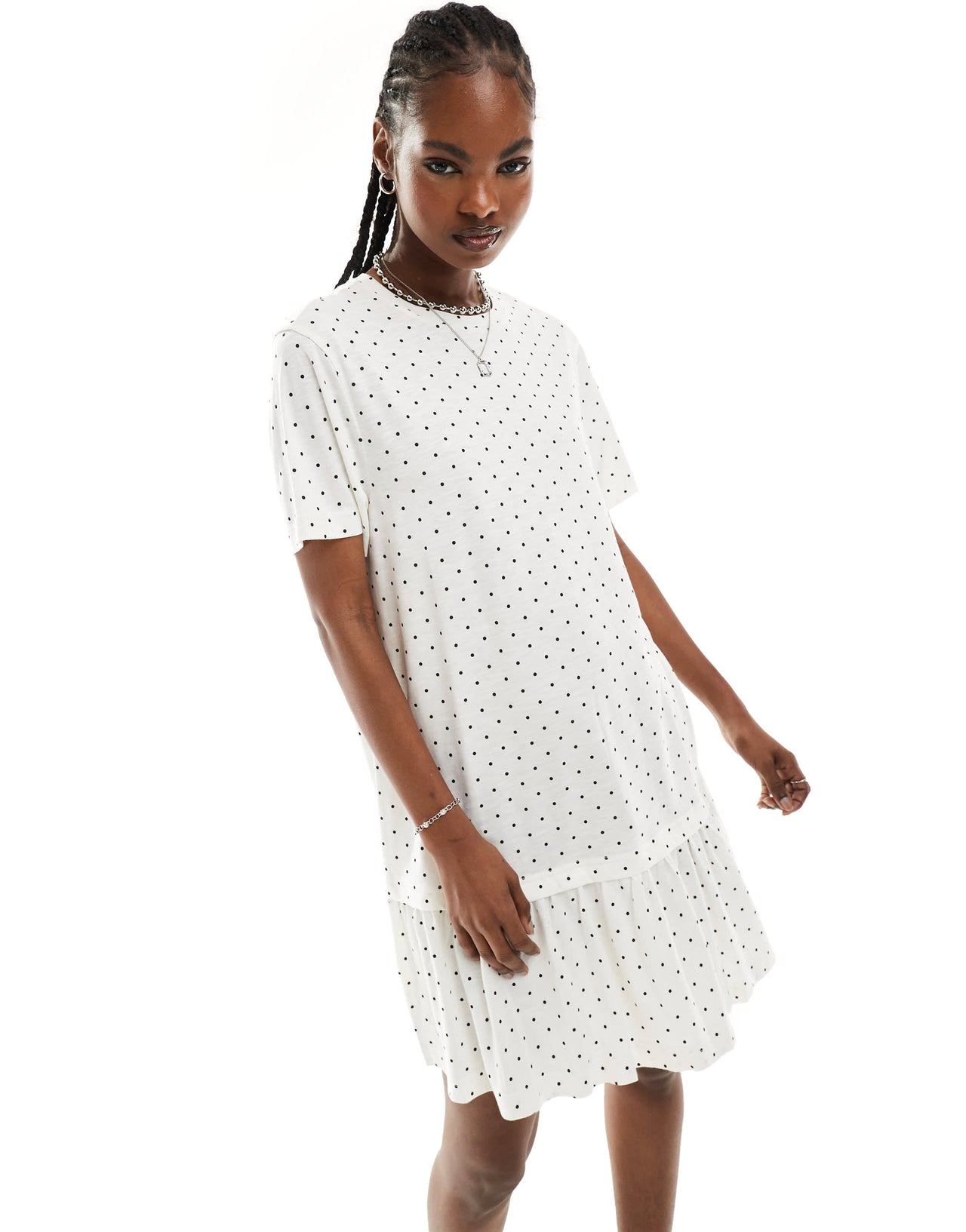 Monki jersey mini dress with drop waist in white and black polka dot print