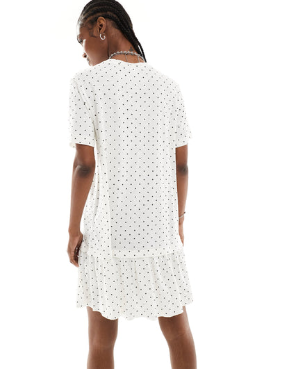 Monki jersey mini dress with drop waist in white and black polka dot print