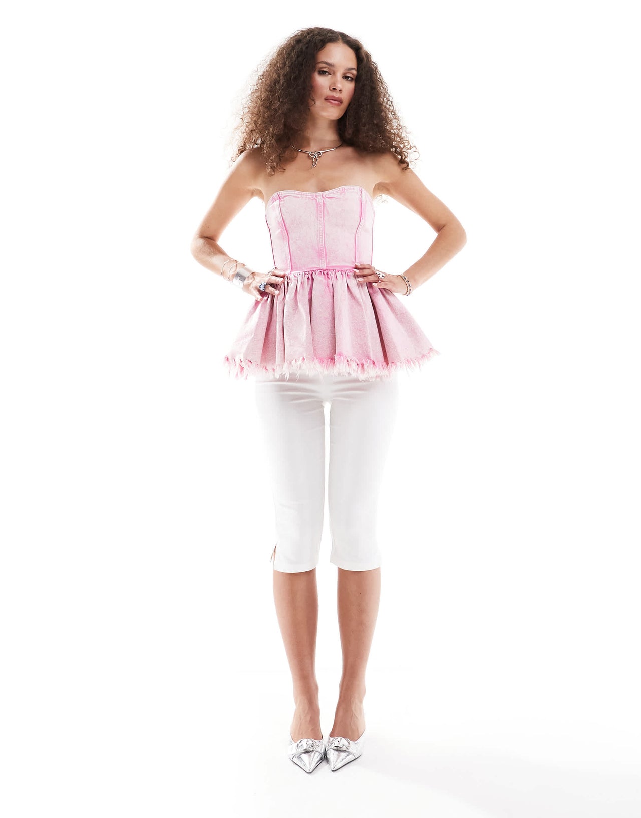 Monki denim bandeau tube top with ruffle hem in pink tie dye