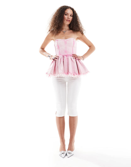 Monki denim bandeau tube top with ruffle hem in pink tie dye