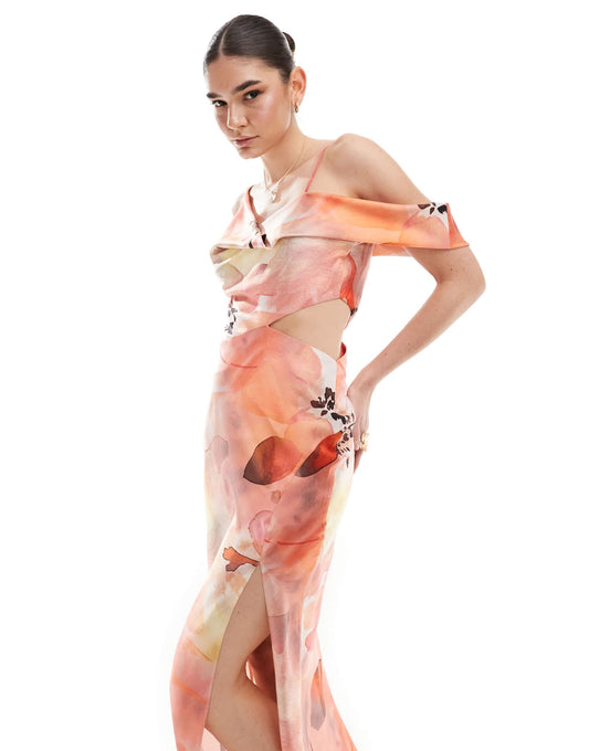 ASOS DESIGN satin asymmetric shoulder maxi dress with cut out detail in overscale floral print