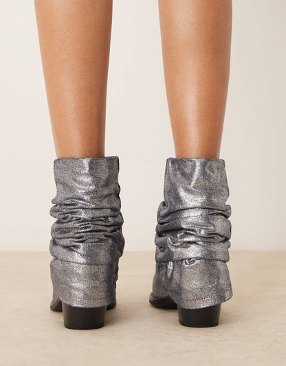 Glamorous ruched western ankle boots in denim shimmer