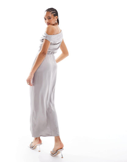 & Other Stories satin drape midaxi dress with side split and off shoulder cowl in grey
