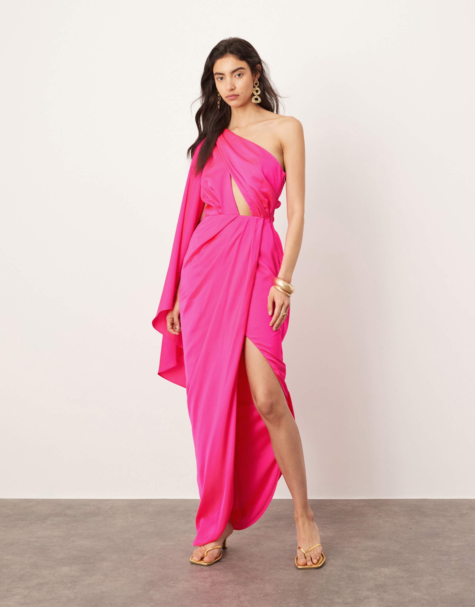 ASOS EDITION satin one shoulder flare sleeve maxi dress with ruched waist detail in pink