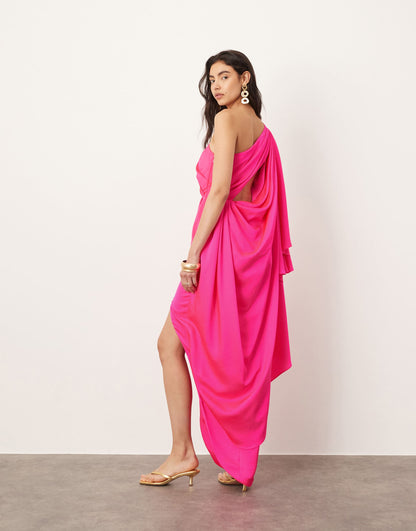 ASOS EDITION satin one shoulder flare sleeve maxi dress with ruched waist detail in pink