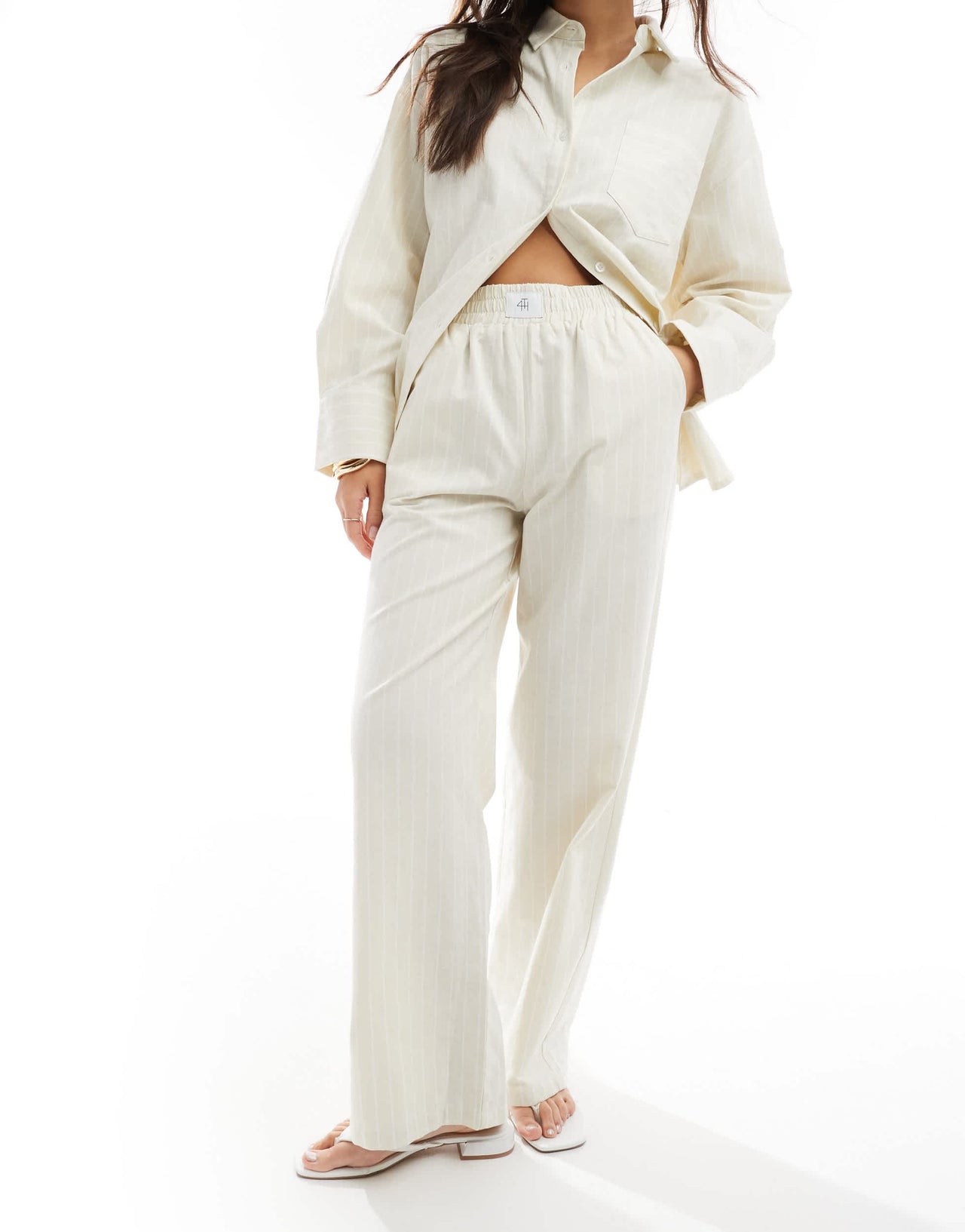 4th & Reckless delphi stripe beach trouser co-ord in beige