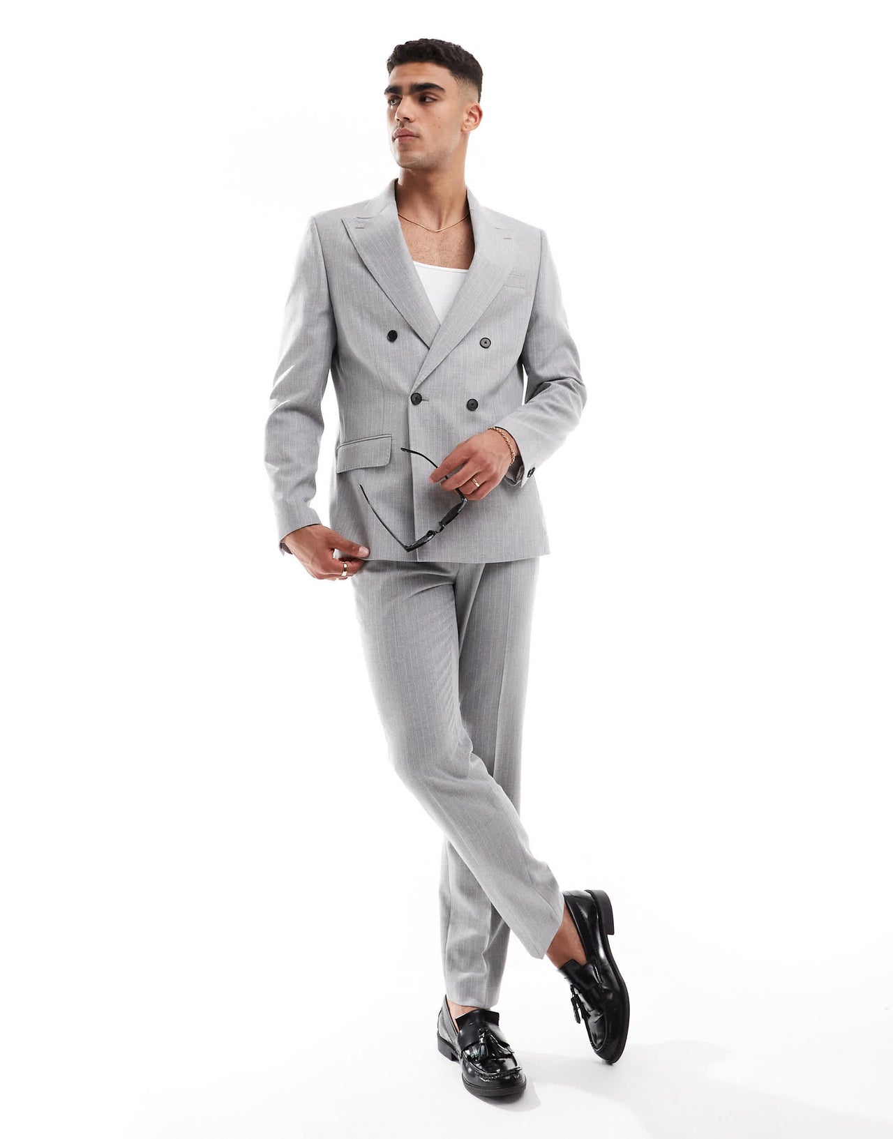 River Island crepe stripe suit jacket in grey