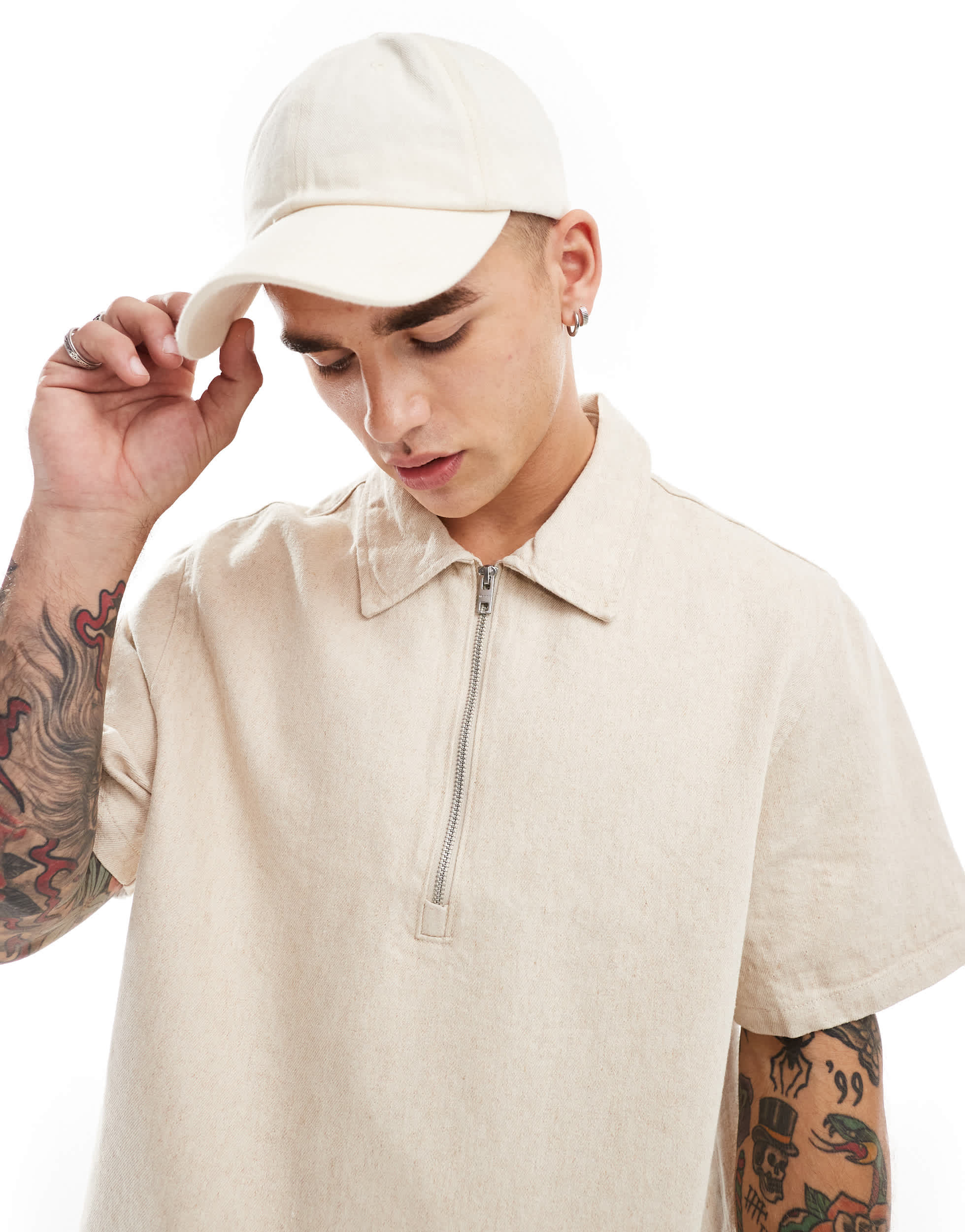 Weekday Dejan heavyweight linen short sleeve polo zip shirt in beige