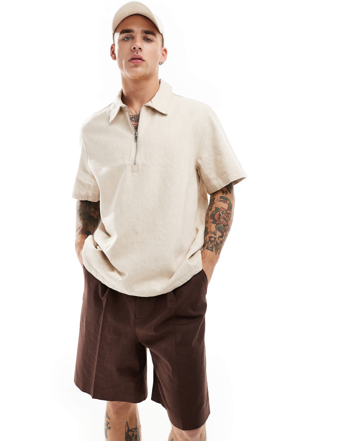 Weekday Dejan heavyweight linen short sleeve polo zip shirt in beige